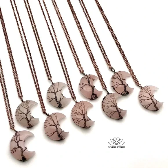 Rose Quartz - Wire Wrapped Moon Shaped Red Copper - Picture 6 of 8